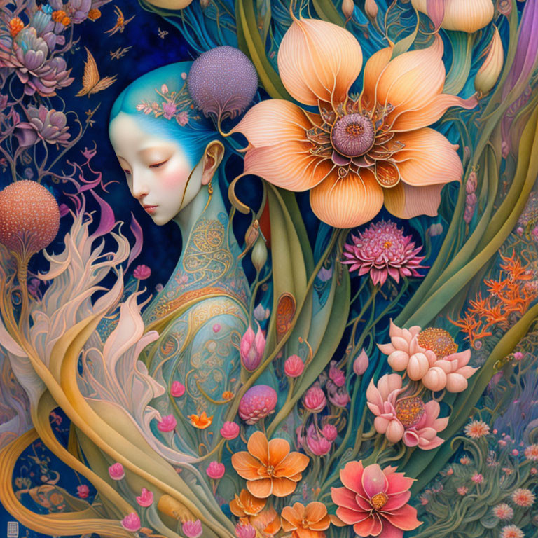 Colorful Illustration: Serene Figure with Blue Hair Among Fantastical Flowers