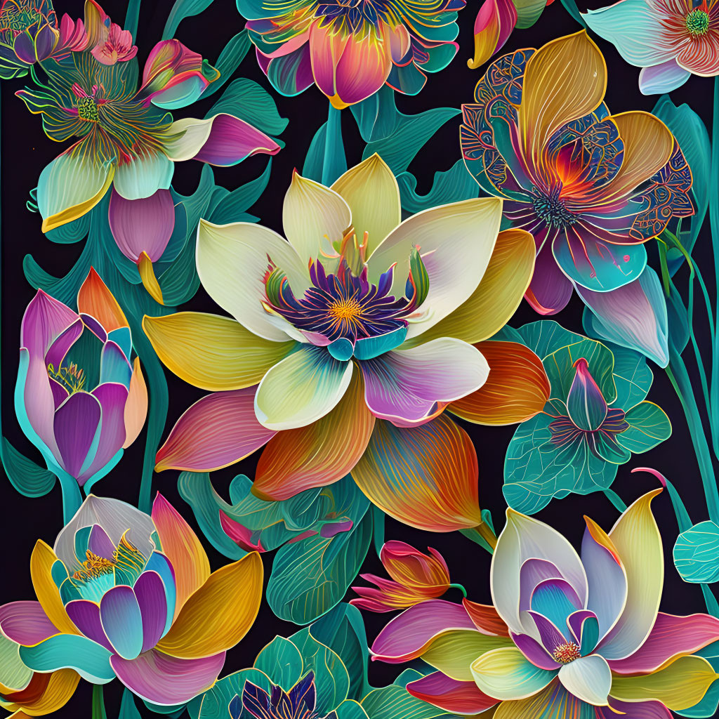 Vibrant floral illustration on dark background