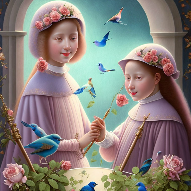 Stylized young girls in pastel dresses tending roses in a fantastical garden