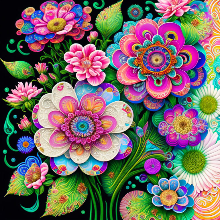 Colorful Digital Art: Stylized Flowers & Psychedelic Designs on Black