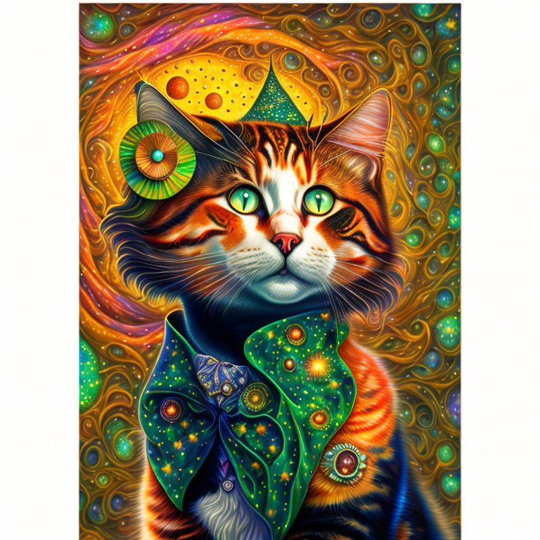 Whimsical cat painting with cosmic patterned coat and abstract background