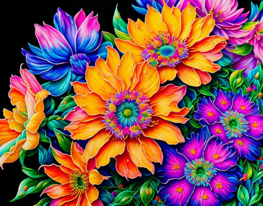 Colorful Floral Painting with Blue, Orange, Purple Flowers