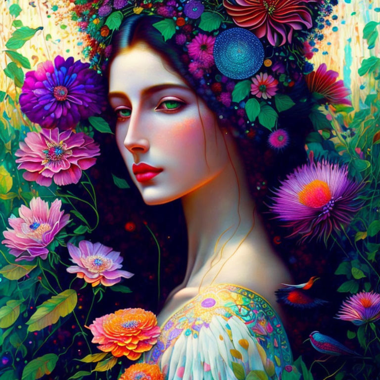 Colorful illustration of woman with flowers and birds in fantasy setting