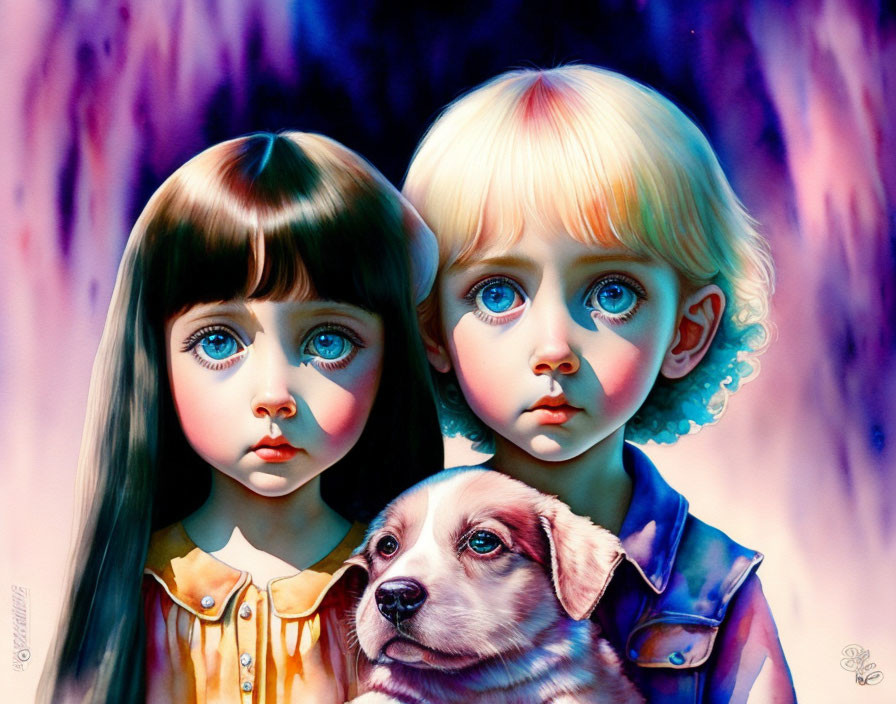 Vibrant portrait of children with expressive eyes and a puppy