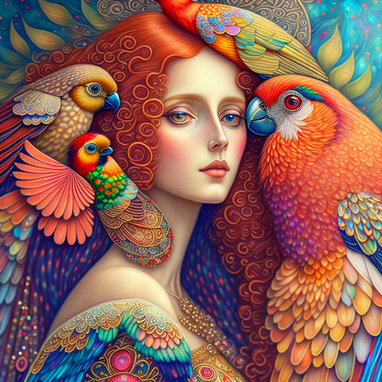 Vibrant illustration of woman with flowing red hair and colorful parrots