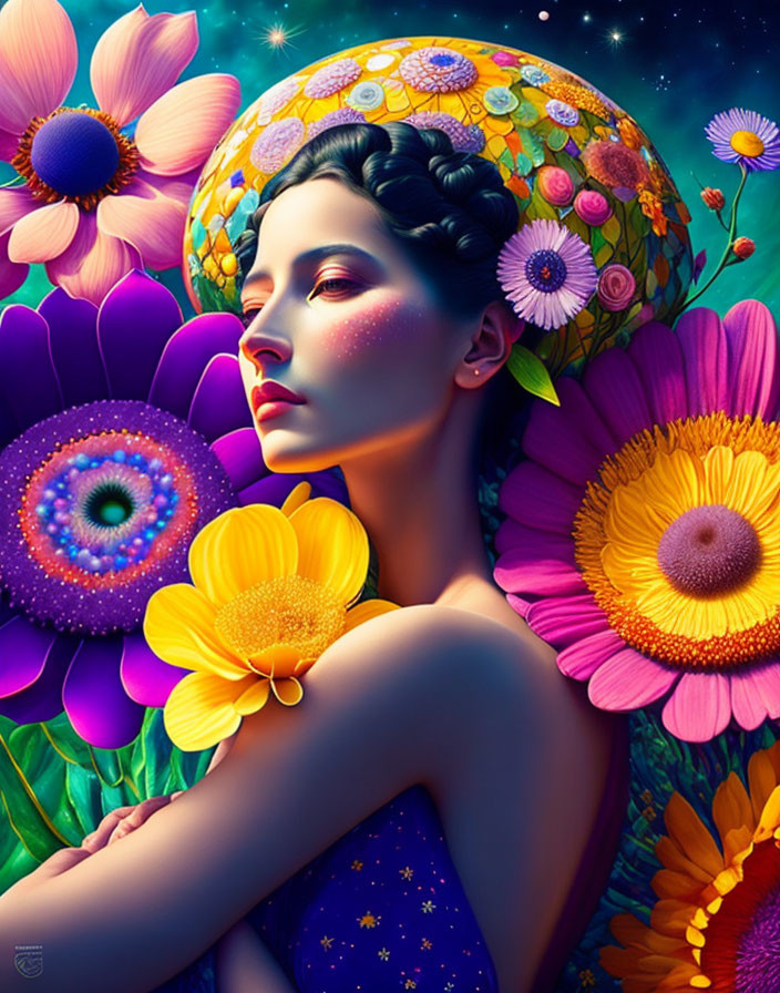 Colorful portrait of a woman with floral sphere hair and oversized flowers on starry background