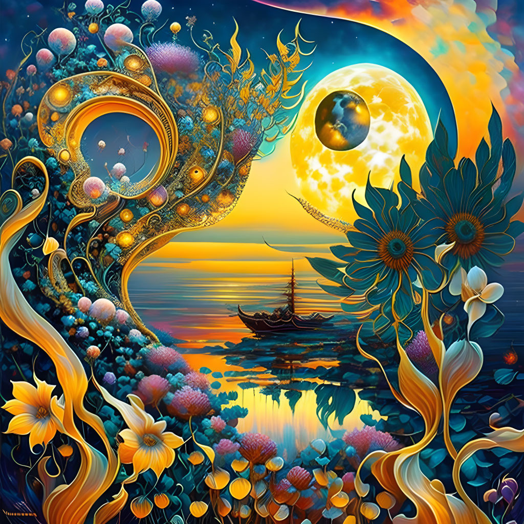 Colorful surreal landscape with moon, sun, ship, and floral elements on reflective sea