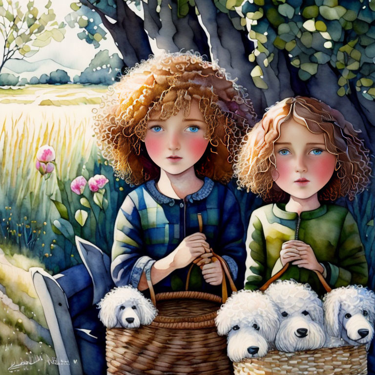 Illustrated children with curly hair and rosy cheeks outdoors with fluffy white dogs