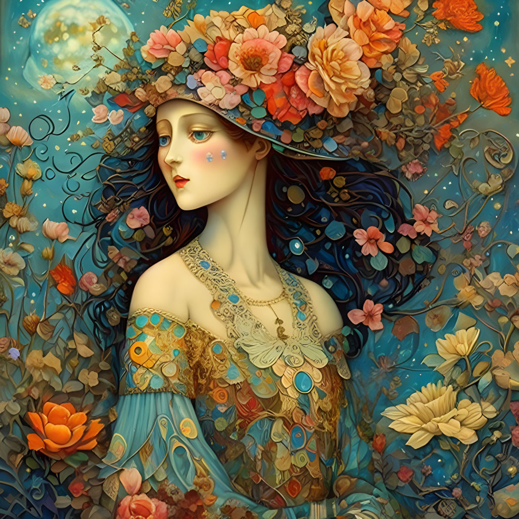 Illustrated woman with floral hat in vibrant nature-themed backdrop