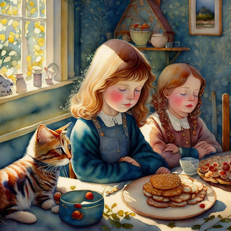 Two girls with closed eyes at a table with pancakes and strawberries, accompanied by a cat in a cozy