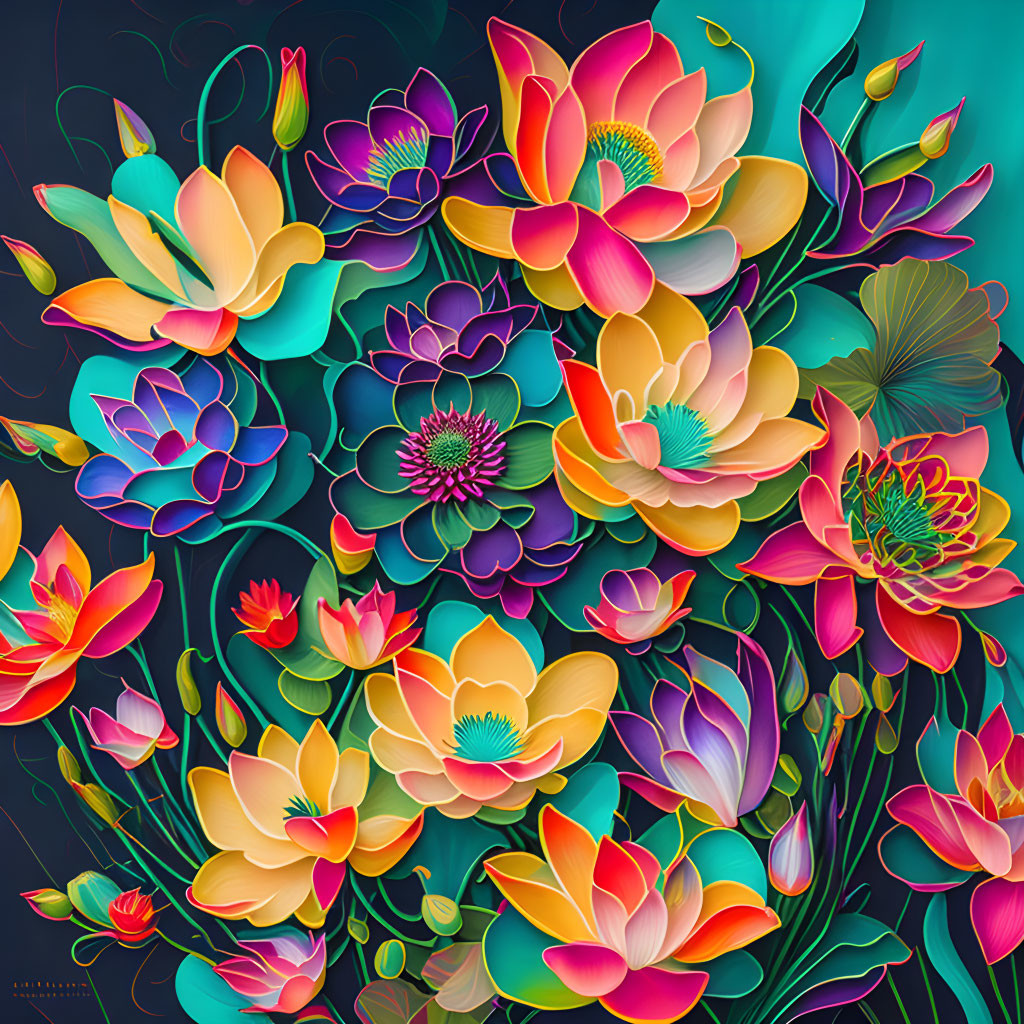 Colorful Digital Artwork of Lush Bouquet on Dark Background