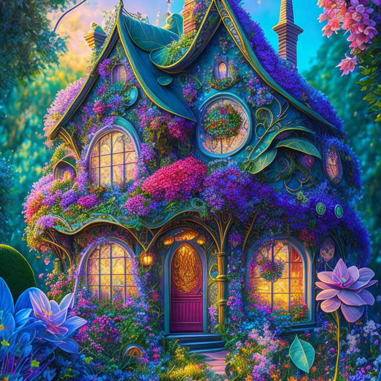 Colorful Cottage Covered in Purple and Pink Flowers in Enchanting Forest Setting