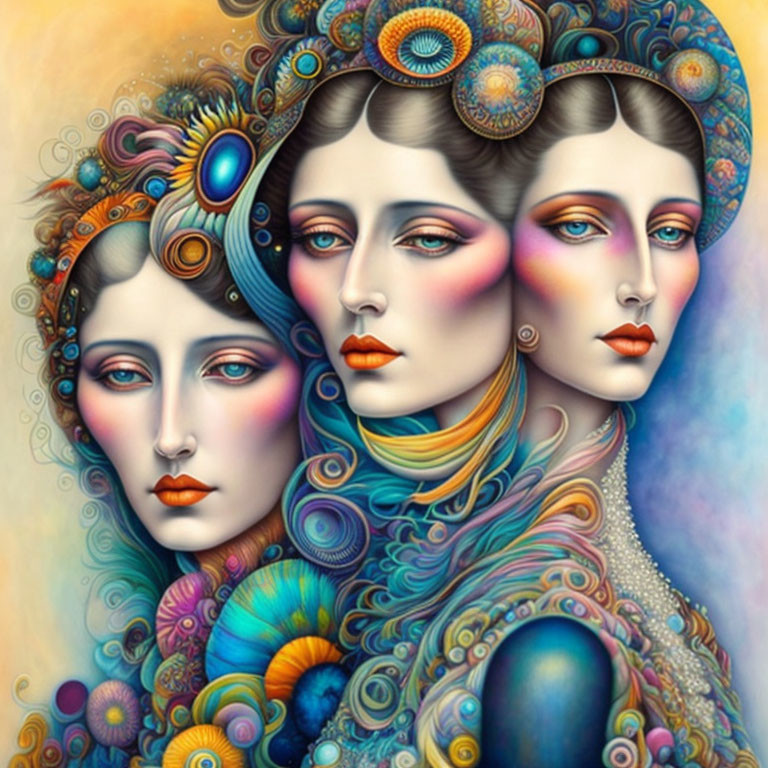 Colorful Artwork: Three Women with Intricate Hair Accessories & Detailed Patterns