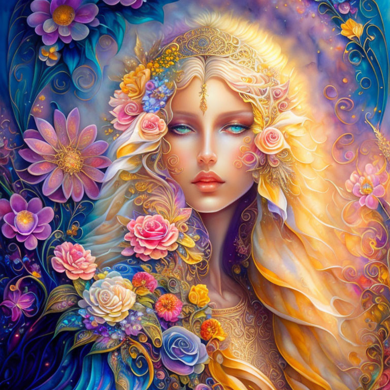 Detailed illustration: Woman with blue eyes surrounded by vibrant flowers in blues, pinks, and purp