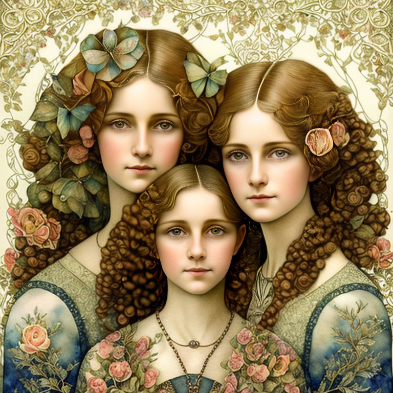 Vintage Style Portrait of Three Females with Floral Adornments