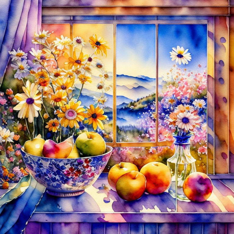 Colorful Watercolor Still Life with Fruit Bowl and Flower Vase on Windowsill