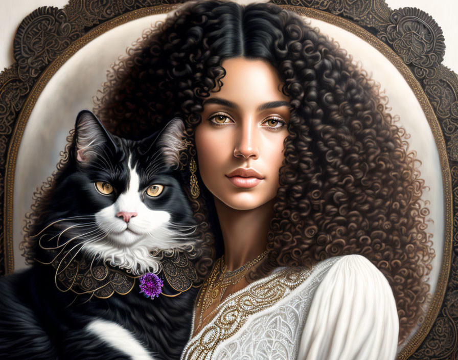 Digital artwork featuring woman with curly hair & tuxedo cat against ornate background.