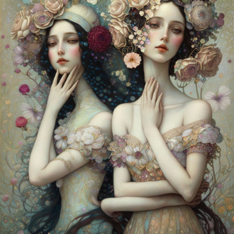 Ethereal figures with floral adornments in dreamy colors