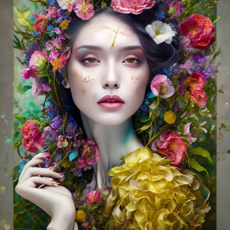 Woman in vibrant flower surroundings with gold face accents.