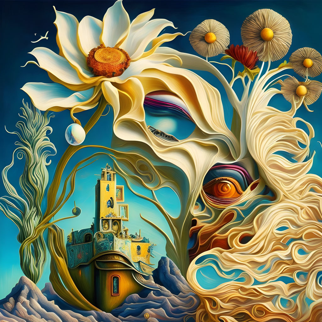 Surreal nature and fantasy artwork with castle, flowers, eye, and flowing shapes under vibrant blue