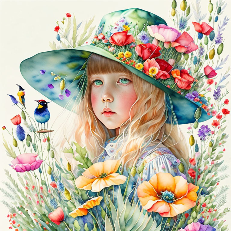 Blond girl in floral hat with poppies, bluebird, and flora.