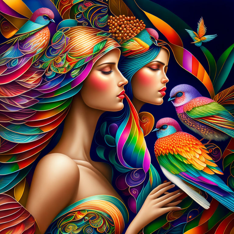 Vibrant women with bird feather hair and colorful birds on dark backdrop