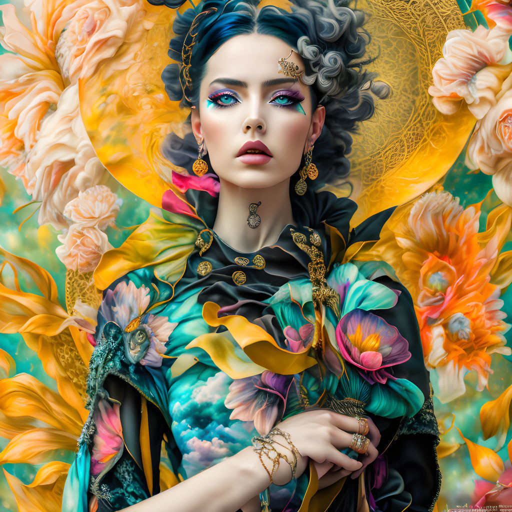 Elaborately adorned woman in vibrant floral setting