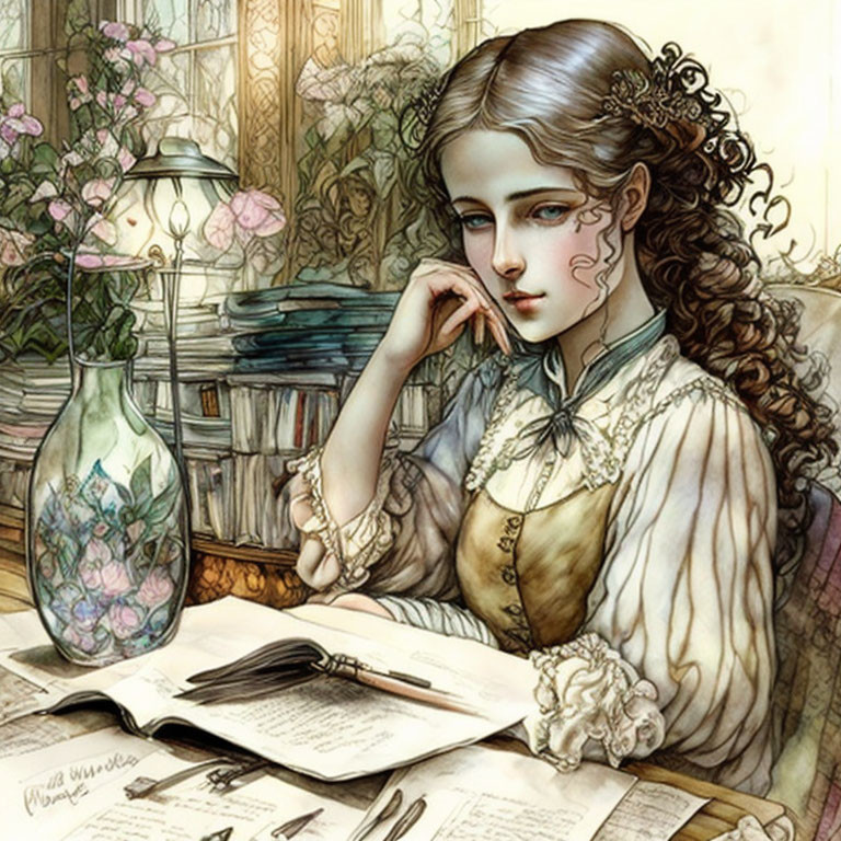 Pensive young woman reading by window in Victorian setting