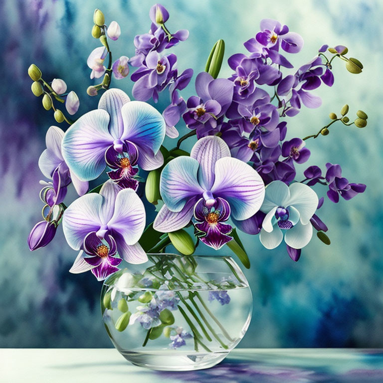 Purple orchids in glass vase with water on blue background