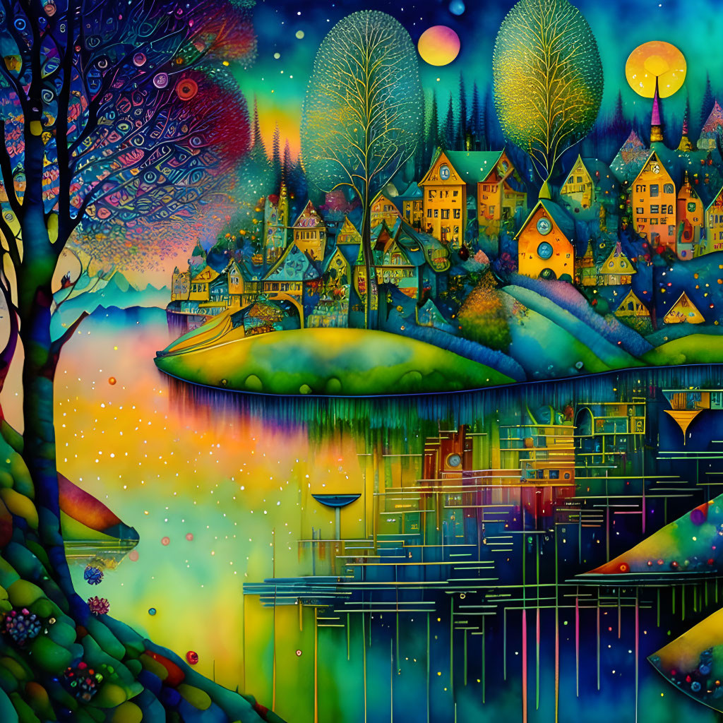 Colorful Village Painting with Surreal Foreground & Starry Sky