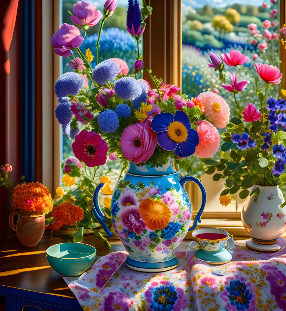 Colorful flower bouquet in ornate jug by window with scenic view of flower field, teacup