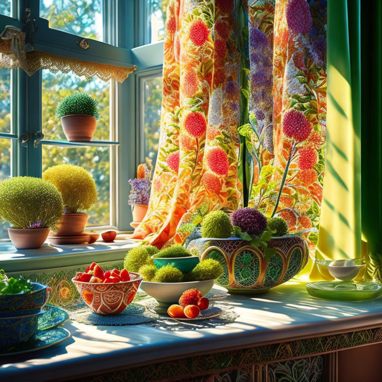 Vibrant room with colorful curtains, plants, bowls, and fruit