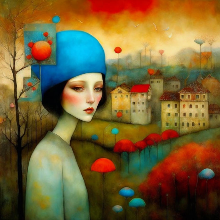 Pale woman in blue hat beside dreamy landscape with red foliage under amber sky