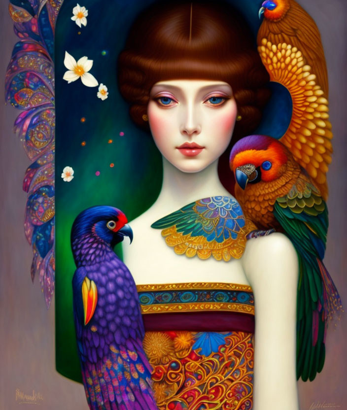 Vibrant parrots perched on woman's shoulders in colorful illustration