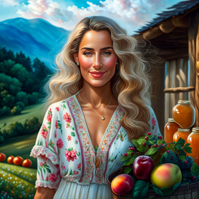 Smiling woman with blonde hair in floral dress near wooden house, honey jars, fruits, mountains