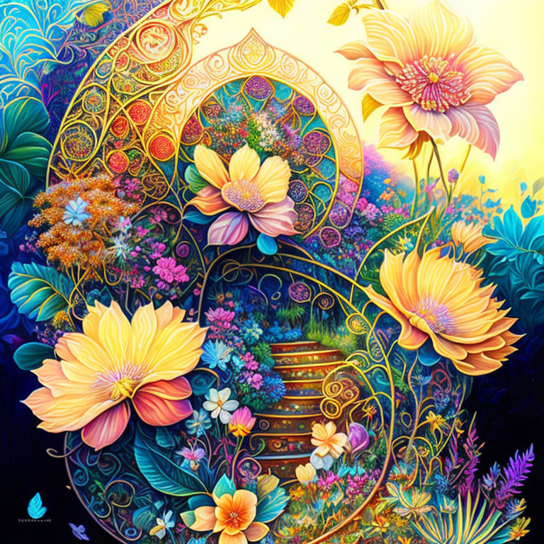 Colorful illustration of whimsical garden with blossoming flowers and hidden staircase