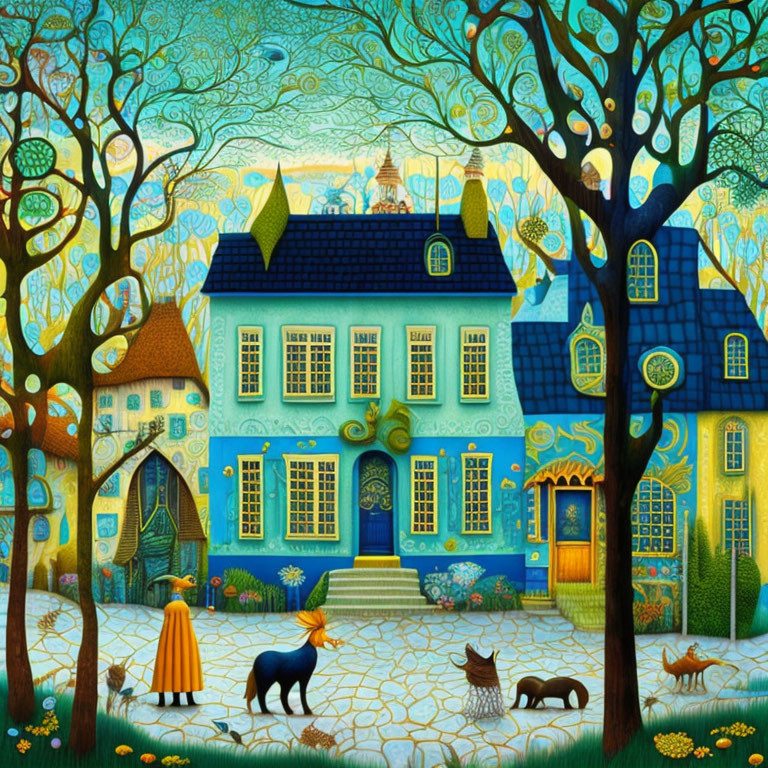 Whimsical house with blue roofs, intricate trees, animals, and figure in a yellow cloak