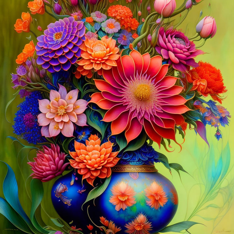 Colorful Flower Bouquet in Blue Vase on Green Background