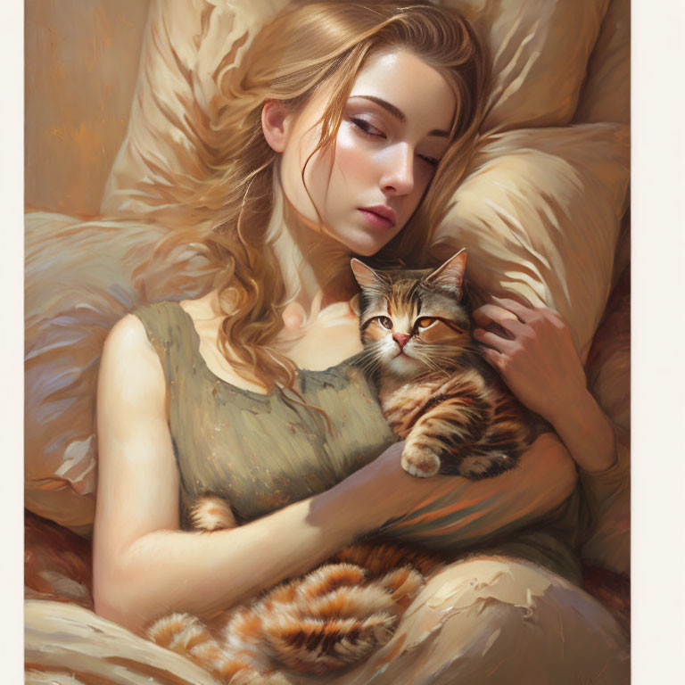 Illustration of woman resting with cat on pillows