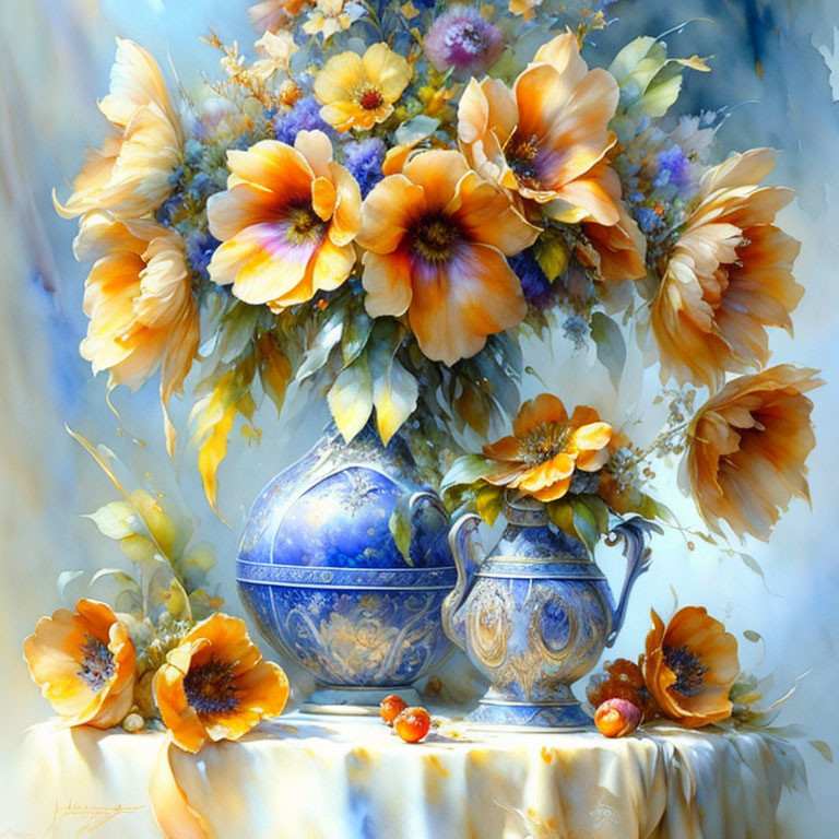 Colorful Still Life Painting of Yellow and Orange Flowers in Blue Vase