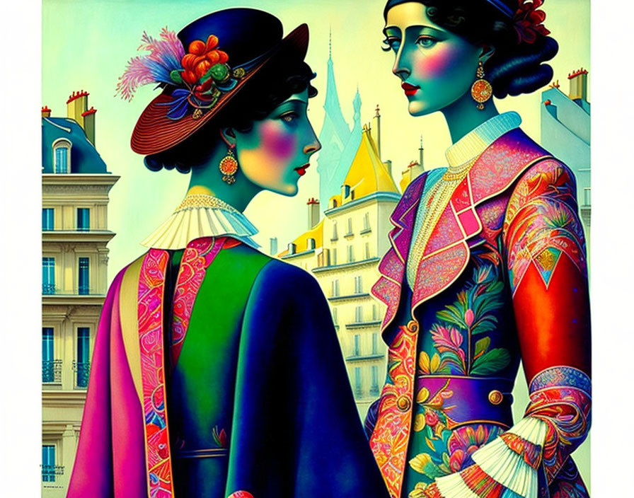 Stylized women in vintage attire against Parisian cityscape