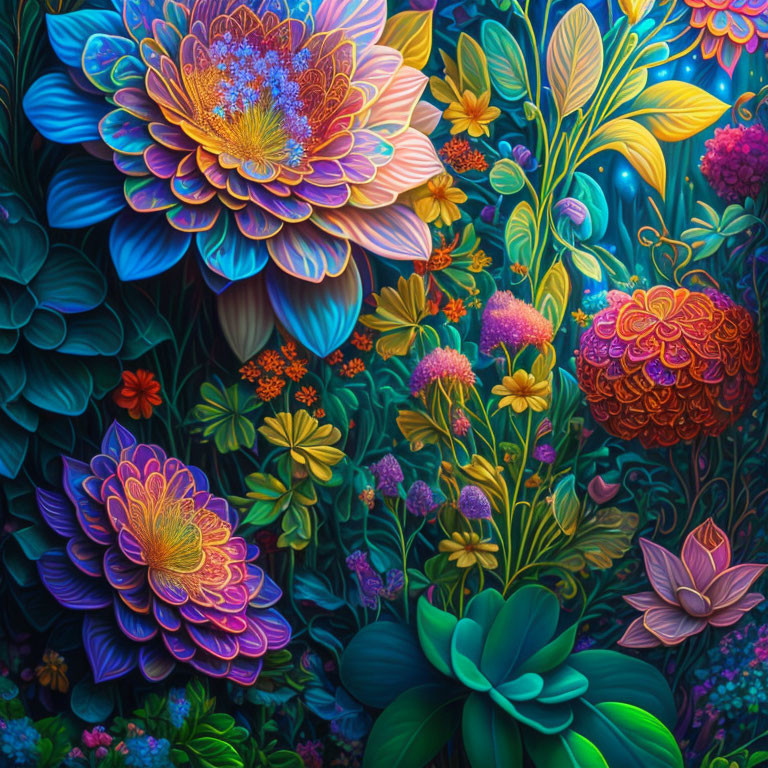 Colorful fantasy floral garden with vibrant blue, purple, orange, and green flowers