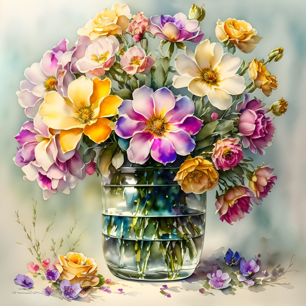 Colorful Watercolor Painting: Bouquet of Flowers in Glass Vase