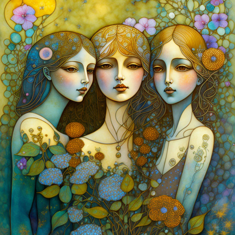 Stylized female figures with floral elements in golden and blue hues