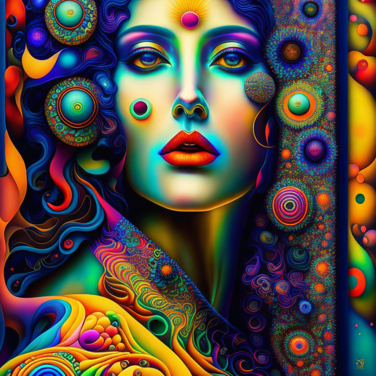 Colorful psychedelic portrait of woman with intricate patterns