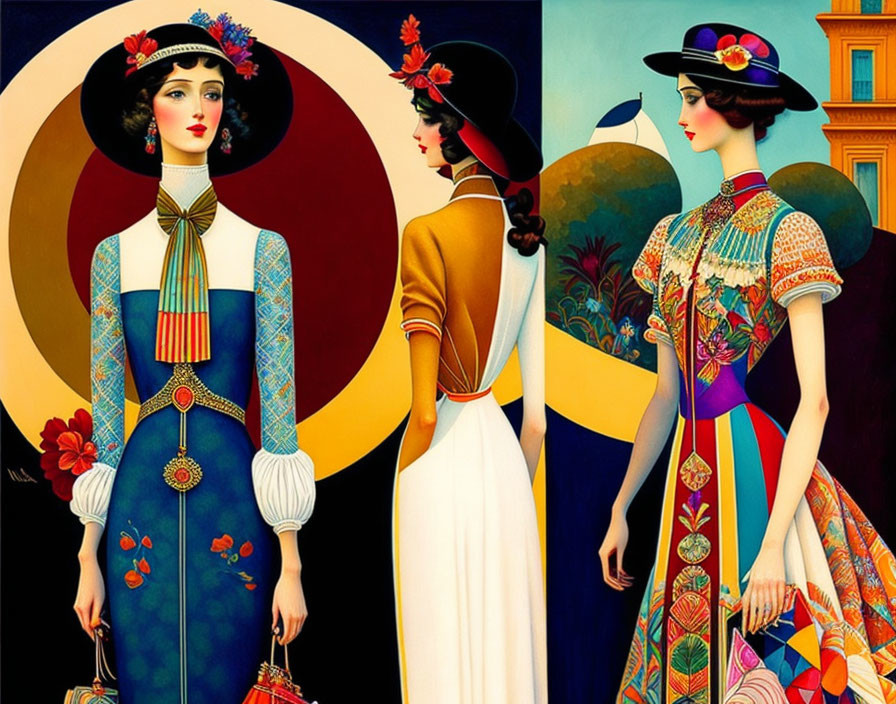 Three stylized women in vintage outfits and hats with geometric and floral patterns against bold circles and shapes.