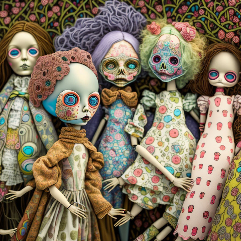 Five dolls with Day of the Dead-style face paint and intricate patterns on clothes against a floral backdrop