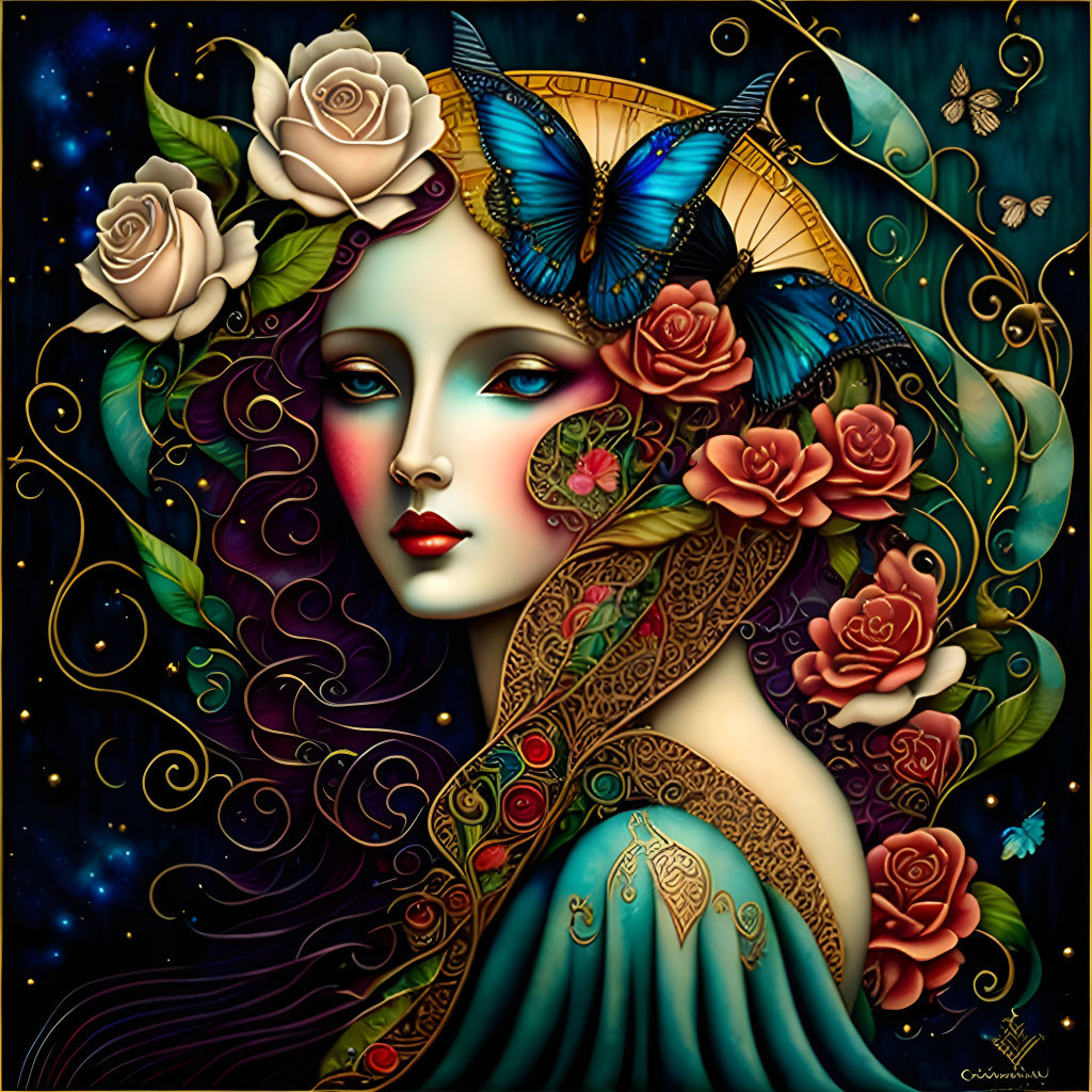 Blue-skinned woman with red roses, blue butterfly, and starry background in fantastical art style