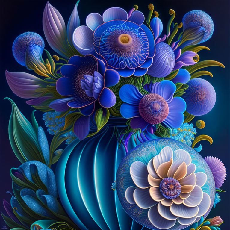 Vibrant blue and purple flowers in detailed digital art