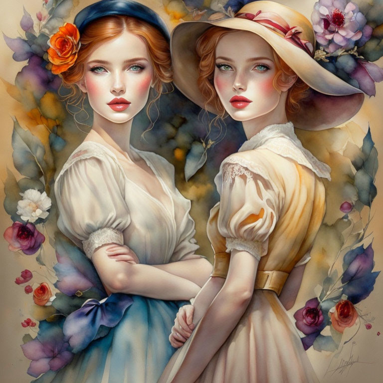 Vintage painting of elegant women in floral hats.